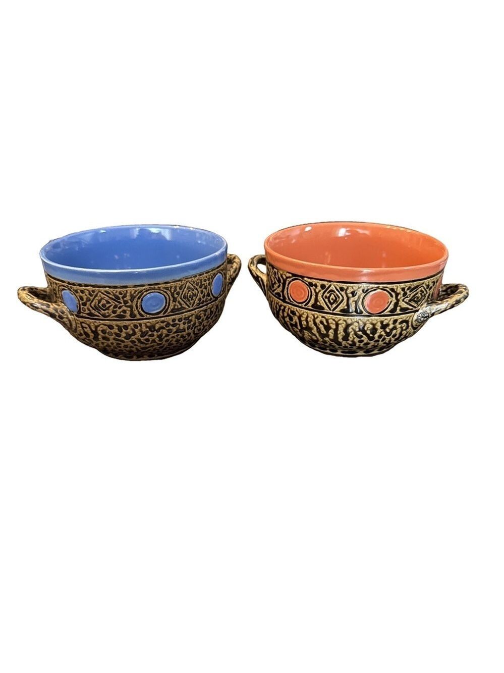 Always Azul Pottery Set of 2 Bowls with Handles. Blue and Coral color.